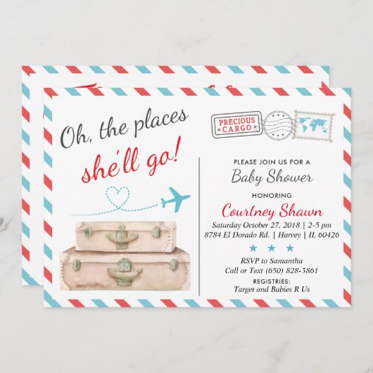 Reizen Baby shower Uitnodiging voor meisjes, Lucht (Voorkant / Achterkant)