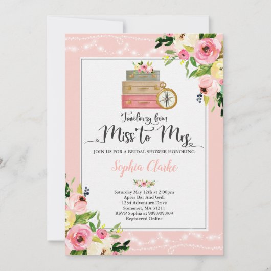 Reizen Bruids Douche Uitnodiging Miss to Mrs. Flor (Voorkant)