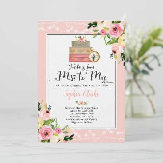 Reizen Bruids Douche Uitnodiging Miss to Mrs. Flor (Staand voorkant)