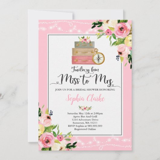 Reizen Bruids Douche Uitnodiging Miss to Mrs. Flor (Voorkant)