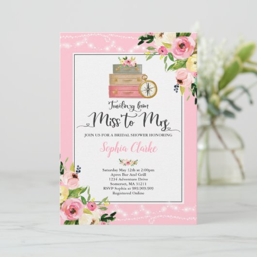 Reizen Bruids Douche Uitnodiging Miss to Mrs. Flor (Staand voorkant)