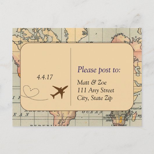 , Reizen Bruiloft RSVP Briefkaart (Achterkant)