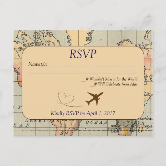 , Reizen Bruiloft RSVP Briefkaart (Voorkant)