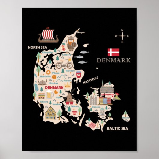 Reizen Europa Denemarken Kaart Kopenhagen Deense f Poster (Voorkant)