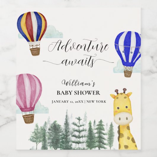 Reizen Hete Luchtballon Oerwoud Giraffe Baby showe Wijn Etiket (Enkel label)