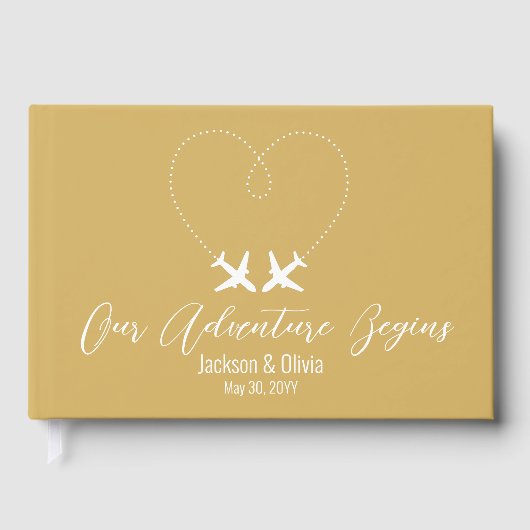 Reizen Huwelijk Twee Vliegtuigen & Hart Modern Gou Gastenboek (Voorkant)