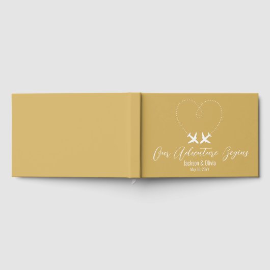 Reizen Huwelijk Twee Vliegtuigen & Hart Modern Gou Gastenboek (Volledig)