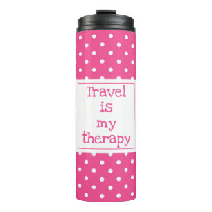 Reizen is mijn therapie moderne roze en witte stip thermosbeker
