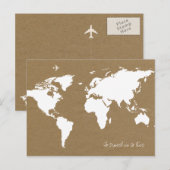 Reizen is om te leven. witte Wereldkaart op bruin Briefkaart (Voorkant / Achterkant)