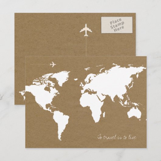 Reizen is om te leven. witte Wereldkaart op bruin Briefkaart (Voorkant / Achterkant)
