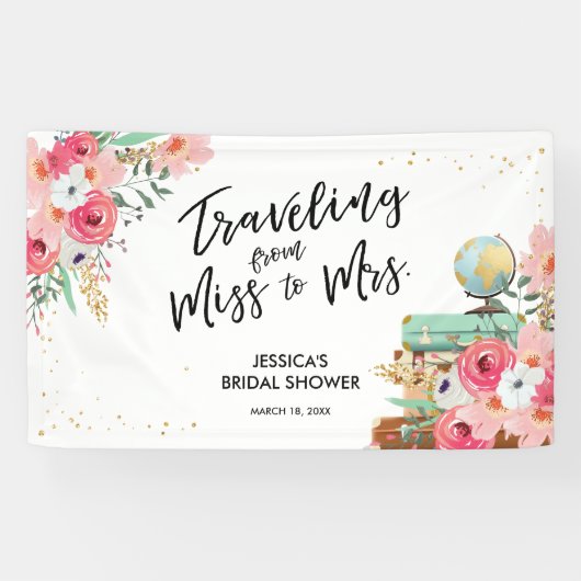 Reizen Miss naar Mrs Pink Floral Vrijgezellenfeest Spandoek (Horizontaal)