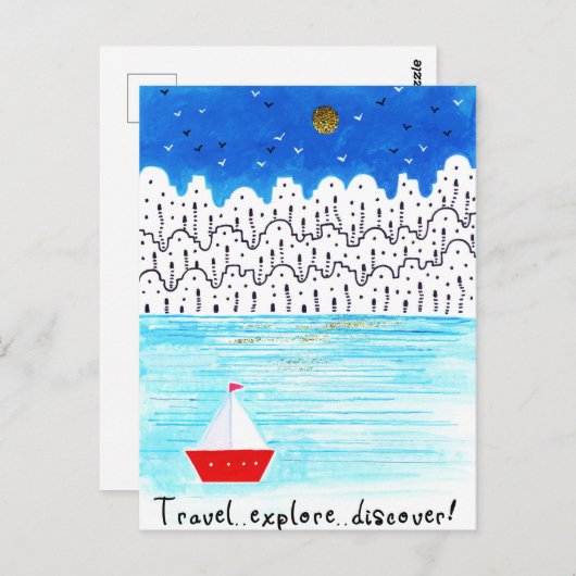 reizen ontdekken blauwe witte acrylboot briefkaart (Voorkant / Achterkant)