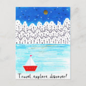 reizen ontdekken blauwe witte acrylboot briefkaart (Voorkant)