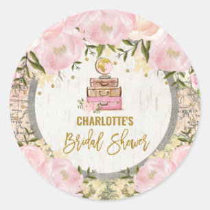 Reizen Rond de Wereld Bruiloftskaart met Bloemen B Ronde Sticker