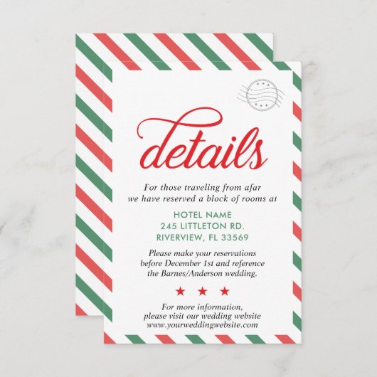 Reizen Rood Groen Kerstbruiloft Details Informatiekaartje (Voorkant / Achterkant)