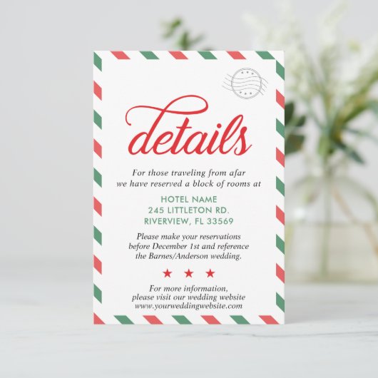 Reizen Rood Groen Kerstbruiloft Details Informatiekaartje (Staand voorkant)