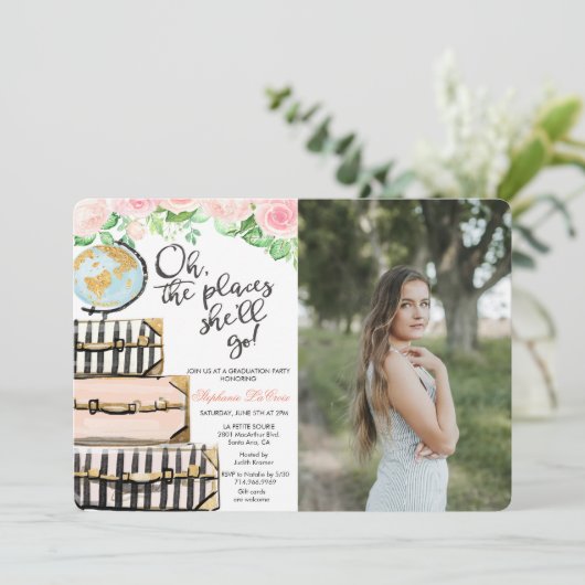 Reizen Thema Graduation Party Foto uitnodiging (Staand voorkant)