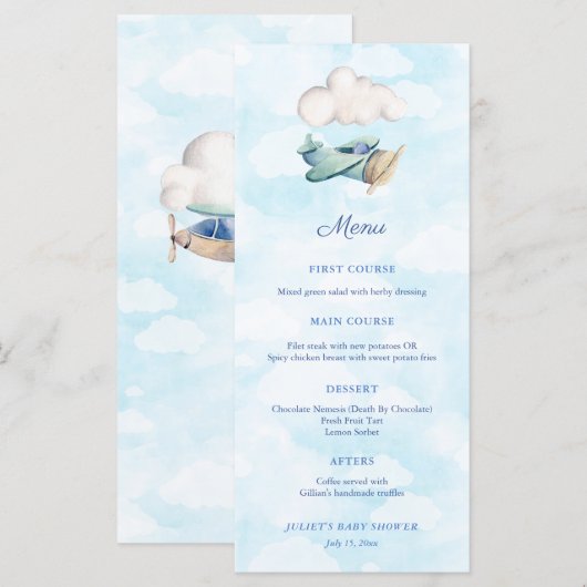 Reizen Thema Speelgoed Vliegtuig Baby Boy Douche P Menu (Voorkant / Achterkant)