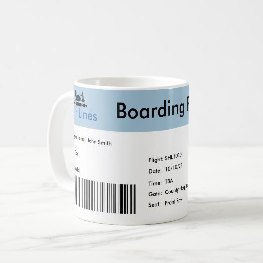 Reizen-thema zwangerschap aankondiging vliegticket koffiemok (Voorkant links)