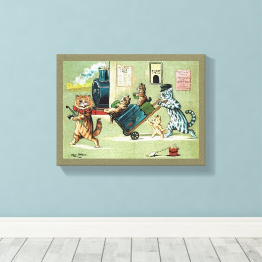 Reizen van de kattenfamilie, Louis Wain Canvas Afdruk (Insitu (Houten vloer))