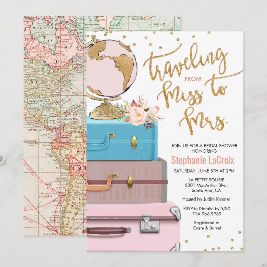 Reizen van Miss naar Mrs Bruidsdouche Kaart (Voorkant / Achterkant)