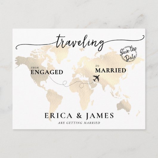 Reizen van verloofd naar getrouwd Save the Date Briefkaart (Voorkant)