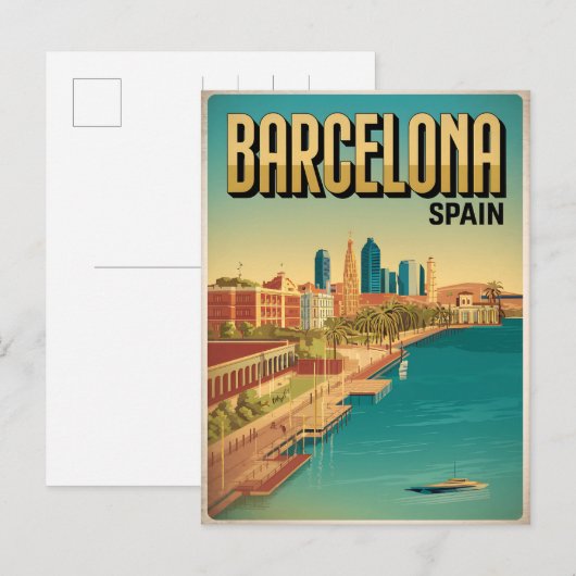 Reizen vintage barcelona beacg view cadeaus briefkaart (Voorkant / Achterkant)