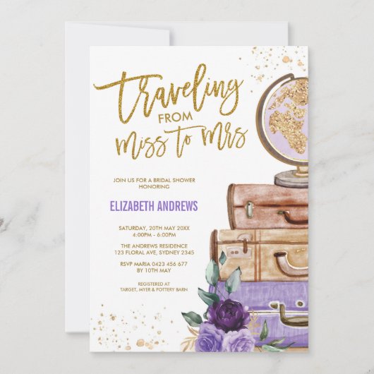 Reizigende Miss naar Mrs Paars Gold Vrijgezellenfe Kaart (Voorkant)