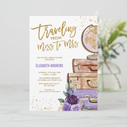 Reizigende Miss naar Mrs Paars Gold Vrijgezellenfe Kaart (Staand voorkant)