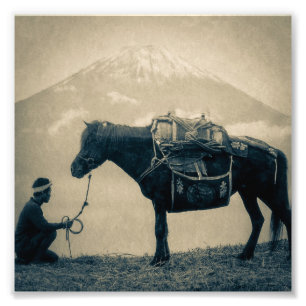  reiziger en zijn paard onderweg naar de berg Fuji Foto Afdruk