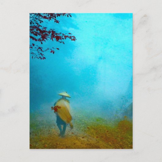 Reizigeraar in de Japanse mist in de  Oude Japan Briefkaart (Voorkant)