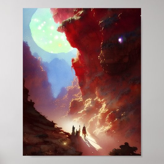 Reizigers in een canyon van rode rots poster (Voorkant)