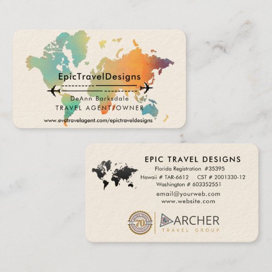 Reizigersagent Wereldkaart Vacking Water Blauwgroe Visitekaartje (Voorkant / Achterkant)