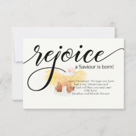 REJOICE A SAVIOR IS GEBOREN MET EEN kerstfotokaart