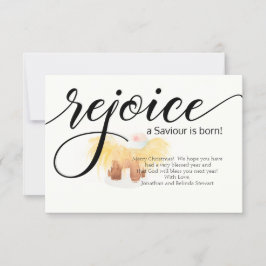 REJOICE A SAVIOR IS GEBOREN MET EEN kerstfotokaart