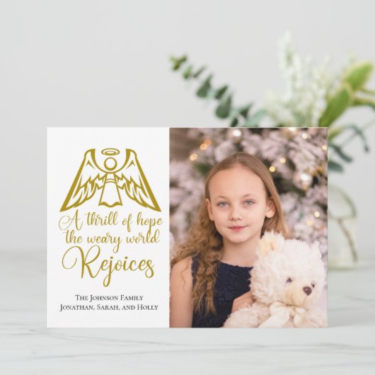 Rejoice Angel Elegant Gold Family Fotokerstfeest Feestdagenkaart (Staand voorkant)