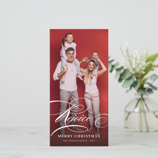 Rejoice Classic Script Religious kerstfoto Feestdagenkaart (Staand voorkant)