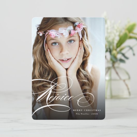 Rejoice Classic Script Religious kerstfoto Feestdagenkaart (Staand voorkant)