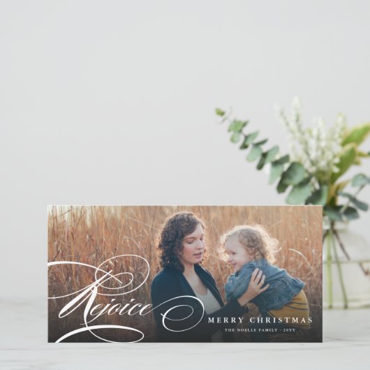 Rejoice Classic Script Religious kerstfoto Feestdagenkaart (Staand voorkant)