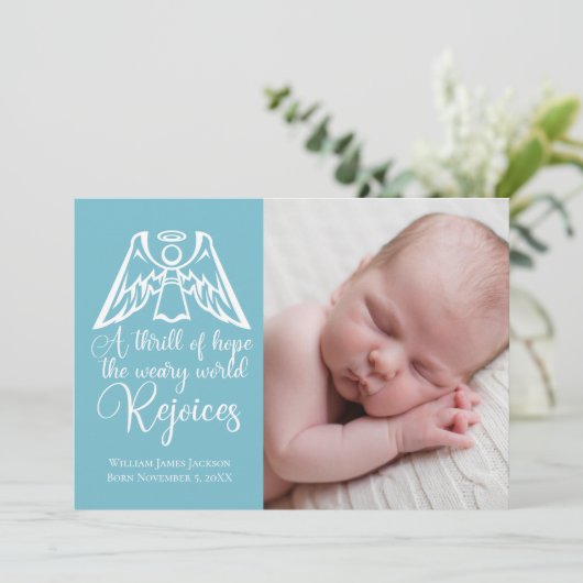 Rejoice Elegant Baby Boy Fotoblauw Kerstmis Feestdagenkaart (Staand voorkant)