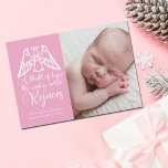 Rejoice Elegant Baby Girl Foto Roze Kerstmis Feestdagenkaart<br><div class="desc">Een elegante engel zit op de kerstsongtekst van O Heilige Nacht op deze prachtige roze en witte feestkaart. Een opwinding van hoop, de rare wereld is blij. Ik ben blij met deze mooie religieuze aankondiging met prachtige kalligrafie en je pasgeboren foto op de voor- en achterkant. Een geweldige Christelijke baby...</div>