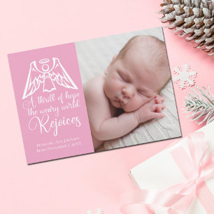 Rejoice Elegant Baby Girl Foto Roze Kerstmis Feestdagenkaart