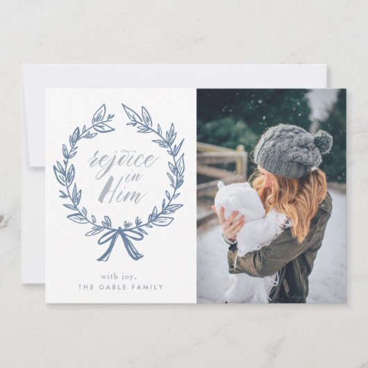 Rejoice in Him Wreath Holiday Fotokaart Feestdagenkaart (Voorkant)