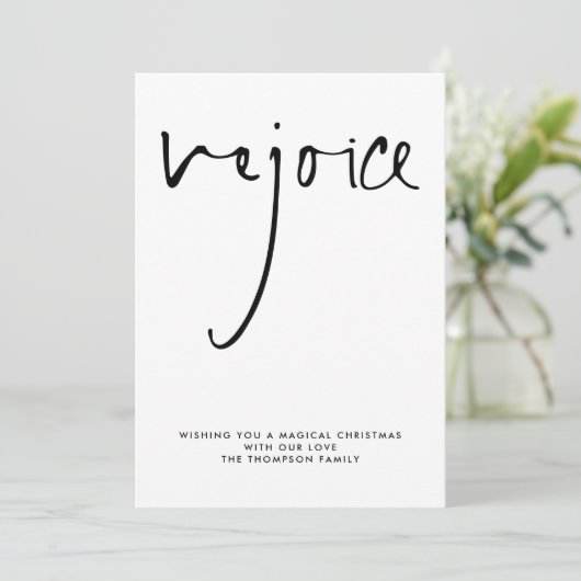 Rejoice Script Black White Name Kerstmis Feestdagenkaart (Staand voorkant)