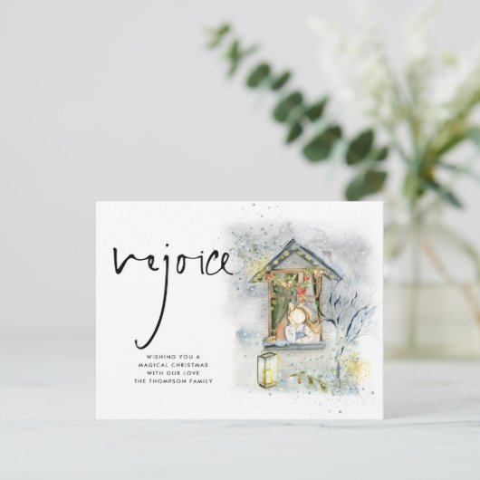 Rejoice Script-kerstmeisje op raam Briefkaart (Staand voorkant)
