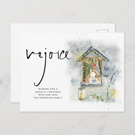 Rejoice Script-kerstmeisje op raam Briefkaart (Voorkant / Achterkant)