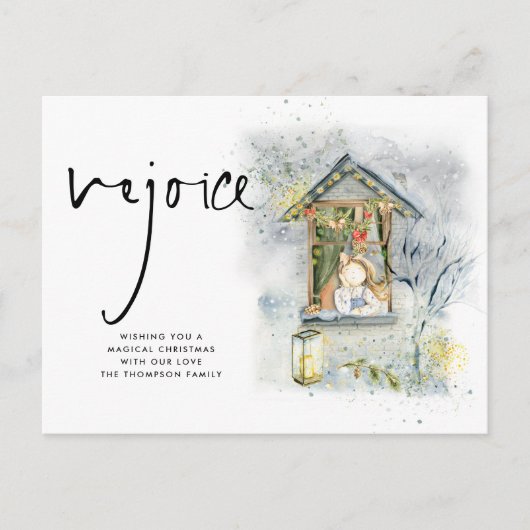 Rejoice Script-kerstmeisje op raam Briefkaart (Voorkant)