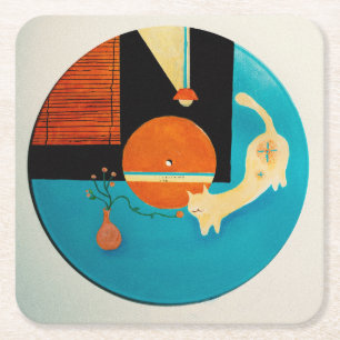 Rekkende Kat Retro Plaat Illustratie Kartonnen Onderzetters