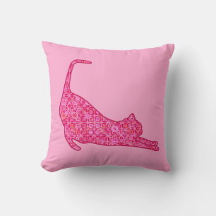 Rekkende kat silhouet in Fuchsia Roze Batik Kussen