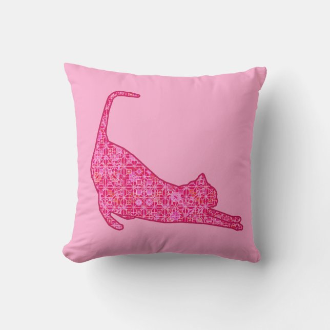 Rekkende kat silhouet in Fuchsia Roze Batik Kussen (Voorkant)
